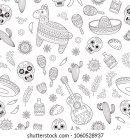 Cinco de Mayo celebration in Mexico. Cartoon doodle collection objects for Cinco de Mayo parade with pinata, maracas, sambrero, tequila, tacos, cactus, skull, flag. Vector seamless pattern, texture