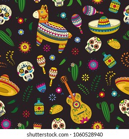 Cinco de Mayo celebration in Mexico. Cartoon doodle collection objects for Cinco de Mayo parade with pinata, maracas, sambrero, tequila, tacos, cactus, skull, flag. Vector seamless pattern, texture