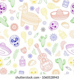 Cinco de Mayo celebration in Mexico. Cartoon doodle collection objects for Cinco de Mayo parade with pinata, maracas, sambrero, tequila, tacos, cactus, skull, flag. Vector seamless pattern, texture