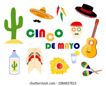 Cinco de Mayo celebration in Mexico, icons set, design element, flat style.Collection objects for Cinco de Mayo parade with pinata, food, sambrero, tequila, cactus, guitar. 