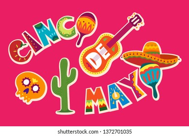 Cinco de Mayo celebration in Mexico. May 5, Latin America holiday. Colorful, detailed, lots of objects background. Vector template with traditional Mexican symbols skull, guitar, flowers, red pepper