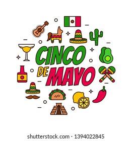 Cinco de Mayo celebration in Mexico, icons set, design element, flat style