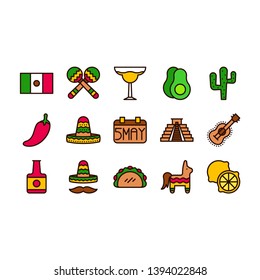 Cinco de Mayo celebration in Mexico, icons set, design element, flat style