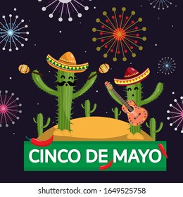 Cinco de Mayo celebration in Mexico. Two cactus are singing and playing guitar with beautiful firework on night sky.