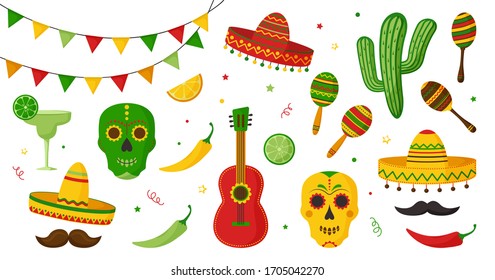 Cinco de Mayo celebration in Mexico icon set, collection design elements. Guitar, martini, maraca, peppers, mustache, skulls, citrus, sombrero, tequila, cactus and decoration. Vector illustration