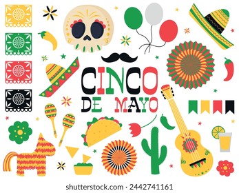 Cinco de Mayo celebration in Mexico, icons set, design element, flat style, collection objects for Cinco de Mayo parade with pinata, food, sambrero, tequila cactus, flag, skull etc vector illustration