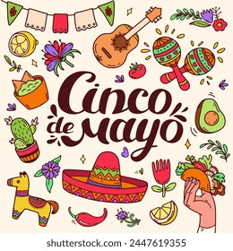 Cinco de Mayo celebration in Mexico icons set. Square color background. Banner and social media post for Mexican federal holiday Cinco de Mayo. Mexican heritage and culture. Doodle vector illustration