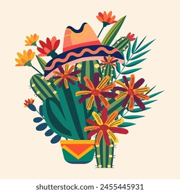 Cinco De Mayo Celebration in Mexico with Cactus Plant and Flower Floral Decoration