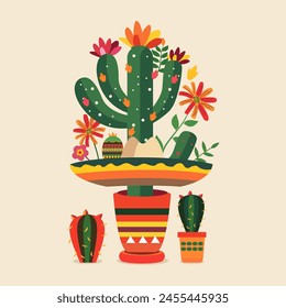 Cinco De Mayo Celebration in Mexico with Cactus Plant and Flower Floral Decoration