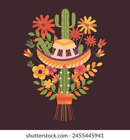 Cinco De Mayo Celebration in Mexico with Cactus Plant and Flower Floral Decoration