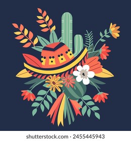 Cinco De Mayo Celebration in Mexico with Cactus Plant and Flower Floral Decoration