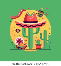 Cinco De Mayo Celebration in Mexico with Cowboy Hat Cactus on Green Background