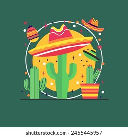 Cinco De Mayo Celebration in Mexico with Cowboy Hat Cactus on Green Background