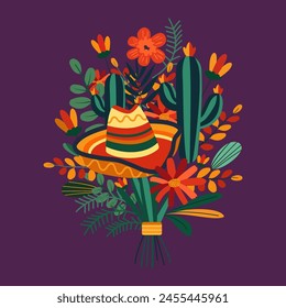 Cinco De Mayo Celebration in Mexico with Cactus Plant and Flower Floral Decoration