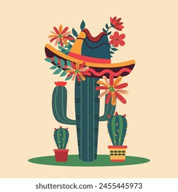 Cinco De Mayo Celebration in Mexico with Cactus Plant and Flower Floral Decoration