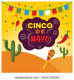 Celebração do Cinco de Mayo no México. Decoração de bandeiras de papel, chili, cacto e maracas. Conceito Cinco de Mayo. Ilustração de vetor plano.