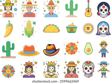 Cinco de mayo celebration in Mexico icons set