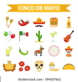 Cinco de Mayo Feier in Mexiko, Symbole gesetzt, Design-Element, flache Stil.Kollektion Objekte für Cinco de Mayo Parade mit Pinata, Essen, Sambrero, Tequila, Kaktus, Flagge. Vektorgrafik, Clipart