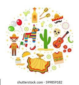 Cinco de Mayo celebration in Mexico, icons set in round shape, design element, flat style. Vector illustration