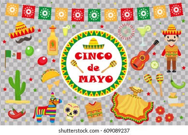 Cinco de Mayo celebration in Mexico, icons set, design element, flat style.Collection objects for Cinco de Mayo parade with pinata, food, sambrero, tequila, cactus, flag. Vector illustration, clip art