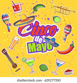 Cinco de Mayo celebration in Mexico, design element. Poster with objects for Cinco de Mayo: cocktail, pepper, tequila, lime, maraca.