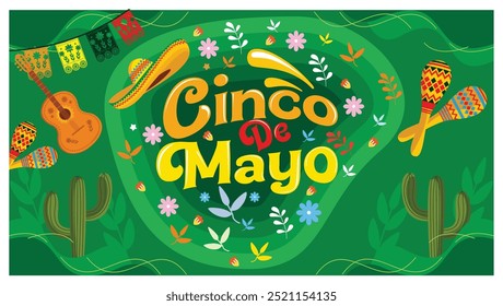 Cinco de Mayo celebration with paper flags and other symbols. Handwritten Cinco de Mayo with a sombrero hat. Cinco de Mayo concept. Flat vector illustration.