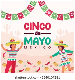 Cinco de Mayo celebration with paper flags. Children wear traditional clothes and sombreros. Cinco de mayo concept. Flat vector illustration.