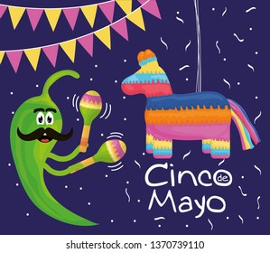 cinco de mayo celebration with pinata and mexican icons