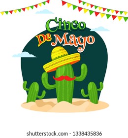 Cinco De Mayo celebration poster or flyer design decoration of bunting and cactus wearing hat on white background.