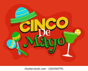Cinco De Mayo celebration poster or flyer decorated with party element on red background.
