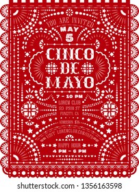 Cinco De Mayo celebration poster design with paper cut. Invitation for fiesta party. Papel picado banner with Mexican lacy motives. Ornate background. Vector template.