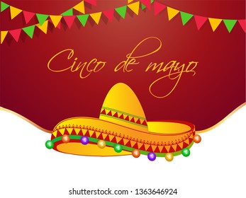 Cinco De Mayo celebration poster design with illustration of sombrero hat and bunting flags decorated shiny background.