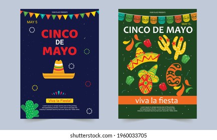 Cinco De Mayo celebration poster or flyer design template. Decorative poster, banner, flyer, greeting card, advertising for the national Mexican holiday. Musical instruments, local food.