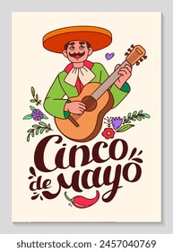 Cinco de Mayo Festplakat. Vertikaler Hintergrund mit mexikanischen Gitarrenspielen. Mexikanische Charaktere traditionelle glückliche Personen Musiker in Sombrero. Handschrift. Vektorgrafik Doodle Illustration.