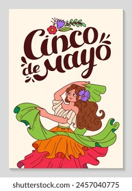 Cinco de mayo celebration poster. Vertical background with dancing Mexican woman. Hand Lettering. Flamenco musical performance. Mexico Dancer at Cinco De Mayo festival. Vector doodle illustration.