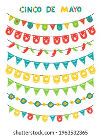 Cinco de Mayo celebration set of colored flags, garlands, bunting. Flat style, isolated on white background. Vector illustration, clip art