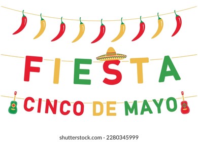 Cinco de Mayo celebration set of colorful garlands, jalapeno, fiesta, mexican party decoration, vector design elements