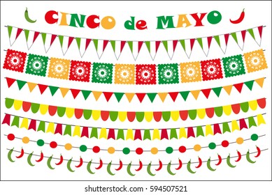 Fiesta Cinco de Mayo de banderas de colores, guirnaldas, amarres. Estilo plano, aislado en un fondo blanco. Ilustración vectorial, imagen prediseñada