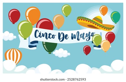 Cinco de Mayo celebration with sombrero. Colorful balloons decorate the sky with white clouds. Cinco de Mayo concept. Flat vector illustration.