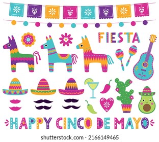 Cinco de Mayo celebration symbols, colorful vector collection 