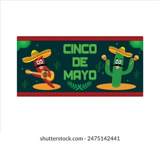 Cinco de Mayo with cheerful mustache cactus shaking maracas, cheerful chili in sombrero playing guitar with borders and Mexican food and plants. Flat vector modern illustration