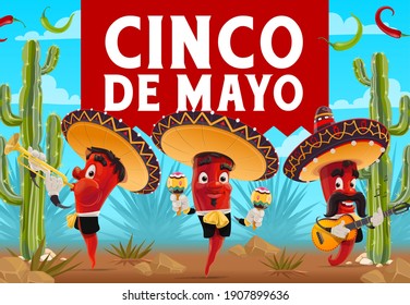 Cinco de Mayo músicos de pimienta con sombreros, fiesta de fiestas de feriado mexicana vectorial. Personajes de caricatura de Red jalapeno mariachi tocando guitarra, maracas y trompeta, cactus y agave