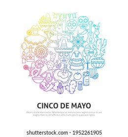 Cinco de Mayo Circle Concept. Vector Illustration of Outline Design.