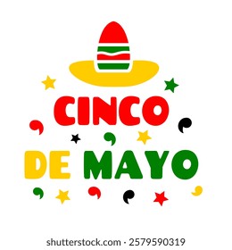 Cinco De Mayo clip art ornate letters with sombrero isolated in white background. May 5. Colorful greeting card or banner template. Mexican culture celebration