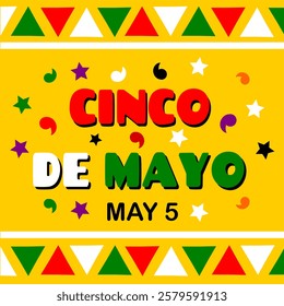 Cinco De Mayo clip art ornate letters with star and geometric shape isolated in yellow background. May 5. Colorful greeting card or banner template. Mexican culture celebration