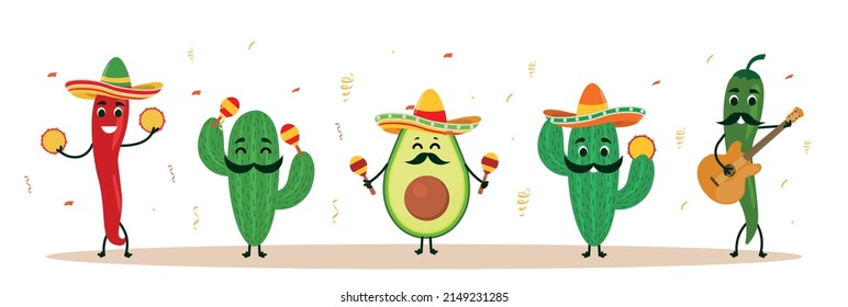 Cinco de Mayo. Collection of characters with musical instruments in sombrero. Mexican culture and traditions, musical group with maracas. Peppers, cacti and avocado. Cartoon flat vector illustration