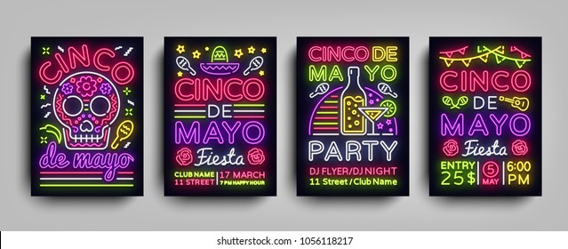 Cinco de Mayo Collection posters in neon style. Set Design Templates Flyers invitation for Sinco de Mayo Celebration, Brochure Neon, Light Banner, Typography Mexican Fiesta Party. Vector illustration