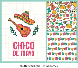 Cinco de mayo collection of seamless patterns and greeting card with doodles. Good fro wallpaper, wrapping paper, posters, prints, holiday decor. Dia de los muertos theme. EPS 10