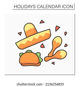 Cinco de mayo color icon.Mexican unity celebration. Traditional food, dance and suits. Holidays calendar concept. Isolated vector illustration