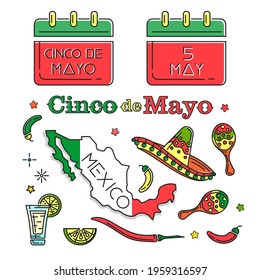 Cinco de mayo colored icons set. Symbols collection for annual Mexican celebration. May 5. Holiday date in calendar. Vector illustration